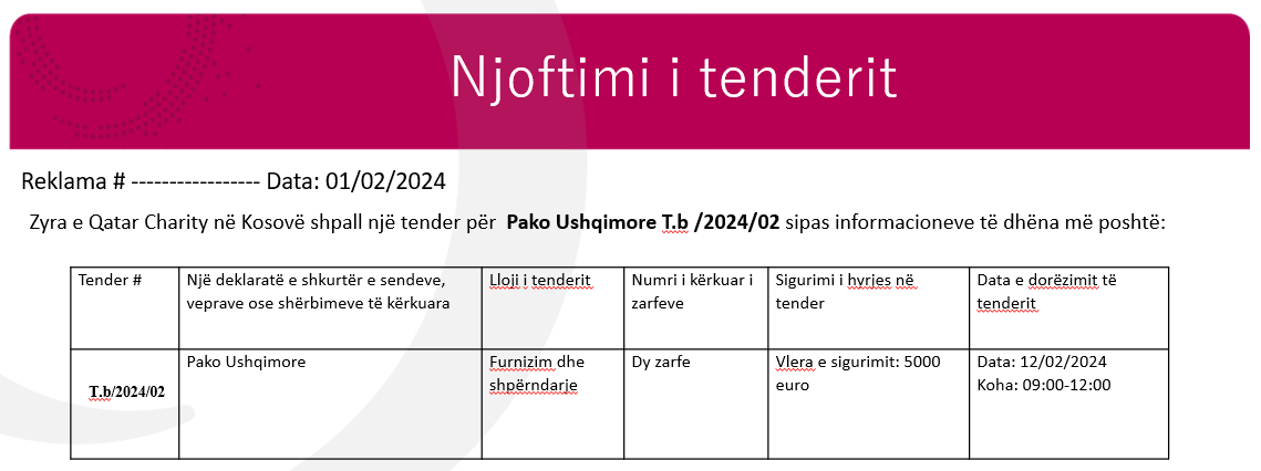 Njoftim i tenderit: Pako Ushqimore